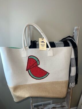 Woven Tote Canvas Beach Bag with Watermelon Patch